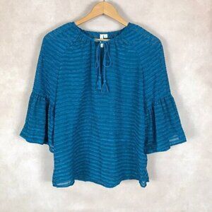 KENSIE Bell Sleeve Teal Lace-Up Semi Sheer Top NEW SMALL